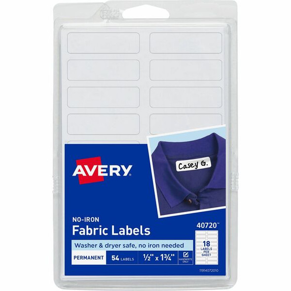 Avery&reg; No-Iron Fabric Labels - Permanent Adhesive - Rectangle - White - Film - 18 / Sheet - 54 Total Sheets - 972 Total Label(s) - 18 / Carton