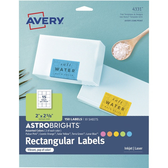 Avery&reg; Easy Peel Multipurpose Label - 2" Width x 2 5/8" Length - Permanent Adhesive - Rectangle - Laser, Inkjet - Solar Yellow, Terra Green, Pulsar Pink, Lunar Blue, Cosmic Orange - Paper - 15 / Sheet - 10 Total Sheets - 150 Total Label(s) - 6