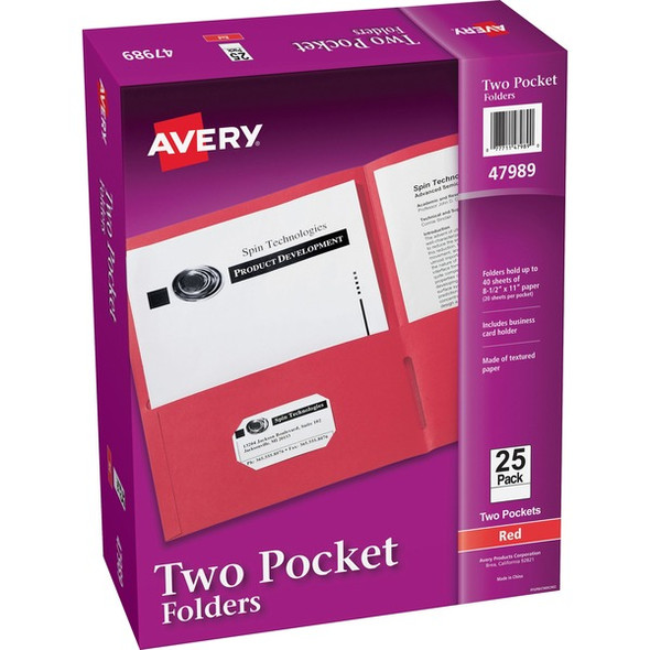 Avery&reg; Letter Pocket Folder - 8 1/2" x 11" - 40 Sheet Capacity - 2 Internal Pocket(s) - Embossed Paper - Red - 25 / Box