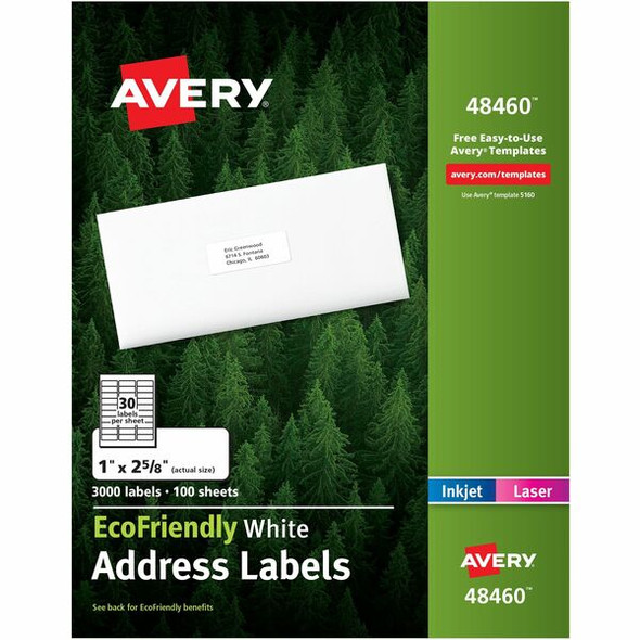 Avery&reg; EcoFriendly Address Labels - 1" Width x 2 5/8" Length - Permanent Adhesive - Rectangle - Laser, Inkjet - White - Paper - 30 / Sheet - 100 Total Sheets - 3000 Total Label(s) - 3000 / Box