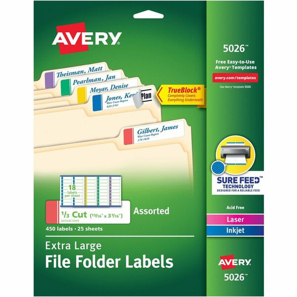 Avery&reg; Extra-Large File Folder Labels - 15/16" Width x 3 7/16" Length - Permanent Adhesive - Rectangle - Laser, Inkjet - Blue, Green, Purple, Red, Yellow - Paper - 18 / Sheet - 25 Total Sheets - 450 Total Label(s) - 450 / Pack