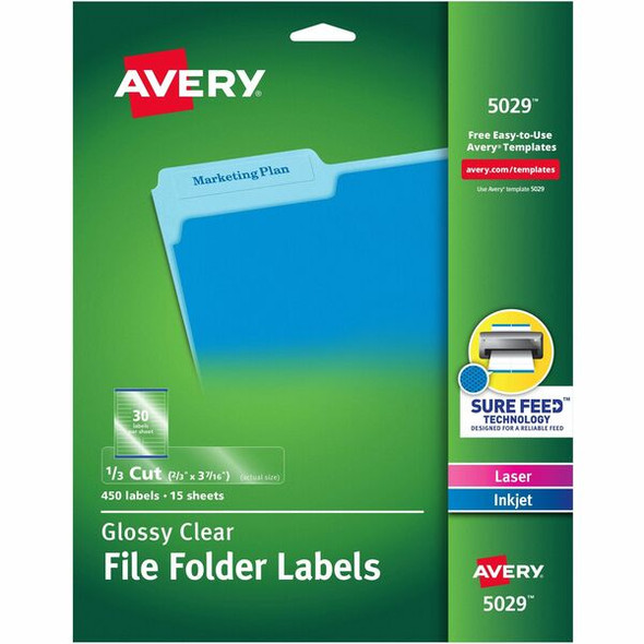 Avery&reg; Clear Top Tab Filing Labels - 21/32" Width x 3 7/16" Length - Permanent Adhesive - Rectangle - Laser, Inkjet - Clear - Film - 30 / Sheet - 15 Total Sheets - 450 Total Label(s) - 450 / Pack