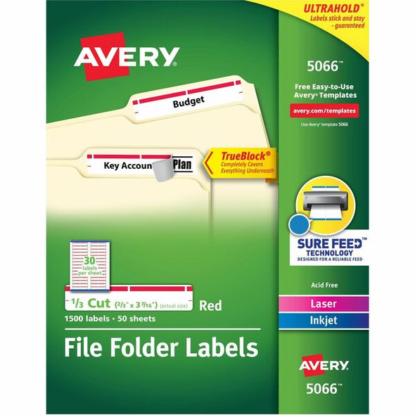 Avery&reg; TrueBlock File Folder Labels - Permanent Adhesive - Rectangle - Laser, Inkjet - Red - Paper - 30 / Sheet - 50 Total Sheets - 1500 Total Label(s) - 1500 / Box