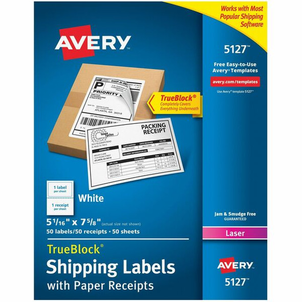 Avery&reg; Shipping Labels w/ Paper Receipts, TrueBlock&reg; Technology, Permanent Adhesive, 5-1/16" x 7-5/8" , 50 Labels (5127) - Avery Shipping Labels with Receipt, 5-1/16" x 7-5/8" , 50 Labels (5127)