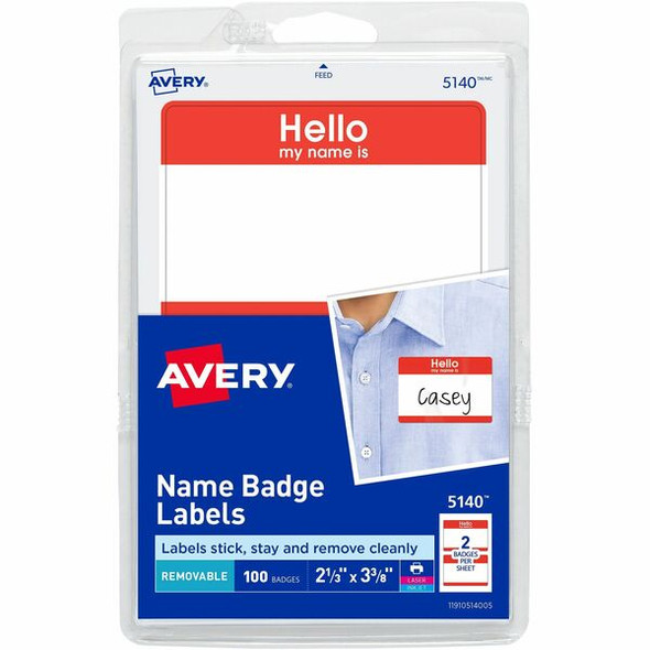 Avery&reg; Border Print/Write Hello Name Badges - 2 21/64" Width x 3 3/8" Length - Removable Adhesive - Rectangle - Laser, Inkjet - White, Red - Paper - 2 / Sheet - 50 Total Sheets - 100 Total Label(s) - 3