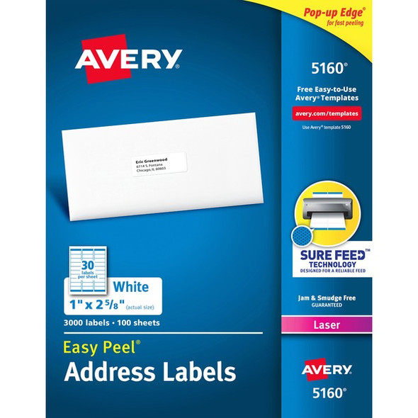 Avery&reg; Easy Peel&reg; Address Labels with Sure Feed&trade; Technology - 1" Width x 2 5/8" Length - Permanent Adhesive - Rectangle - Laser - White - Paper - 30 / Sheet - 100 Total Sheets - 3000 Total Label(s) - 3000 / Box