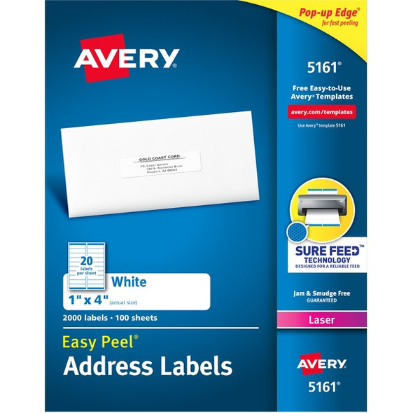 Avery&reg; Easy Peel&reg; Address Labels with Sure Feed&trade; Technology - 1" Width x 4" Length - Permanent Adhesive - Rectangle - Laser - White - Paper - 20 / Sheet - 100 Total Sheets - 2000 Total Label(s) - 2000 / Box