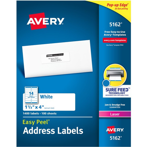 Avery&reg; Easy Peel Mailing Laser Labels - 1 21/64" Width x 4" Length - Permanent Adhesive - Rectangle - Laser - White - Paper - 14 / Sheet - 100 Total Sheets - 1400 Total Label(s) - 1400 / Box