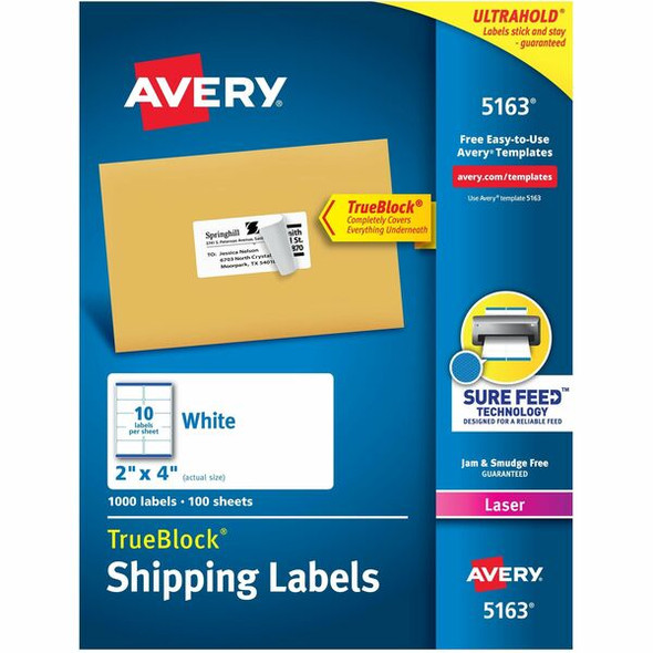 Avery&reg; TrueBlock&reg; Shipping Labels, Sure Feed&reg; Technology, Permanent Adhesive, 2" x 4" , 1,000 Labels (5163) - Avery&reg; Shipping Labels, Sure Feed, 2" x 4" 1,000 White Labels (5163)