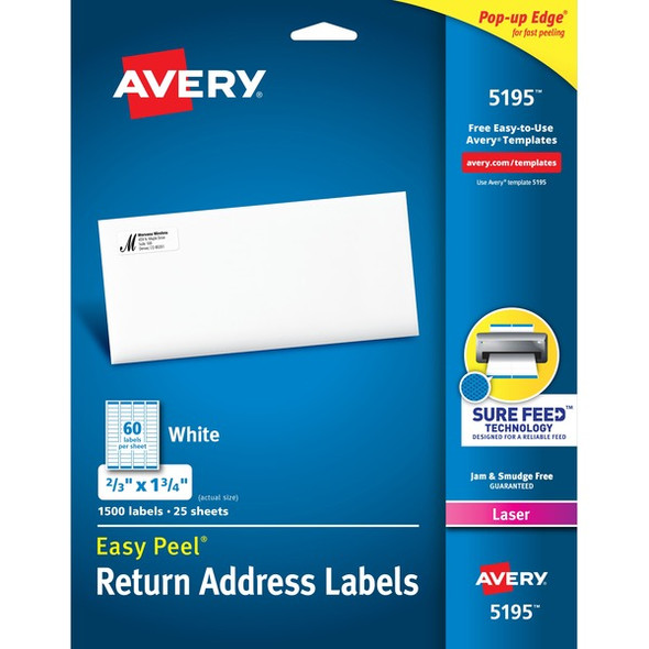Avery&reg; Easy Peel Mailing Laser Labels - 21/32" Width x 1 3/4" Length - Permanent Adhesive - Rectangle - Laser - White - Paper - 60 / Sheet - 25 Total Sheets - 1500 Total Label(s) - 5