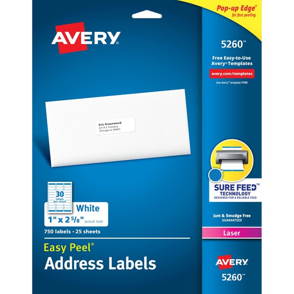 Avery&reg; Easy Peel Address Labels - 1" Width x 2 5/8" Length - Permanent Adhesive - Rectangle - Laser - White - Paper - 30 / Sheet - 25 Total Sheets - 750 Total Label(s) - 750 / Pack