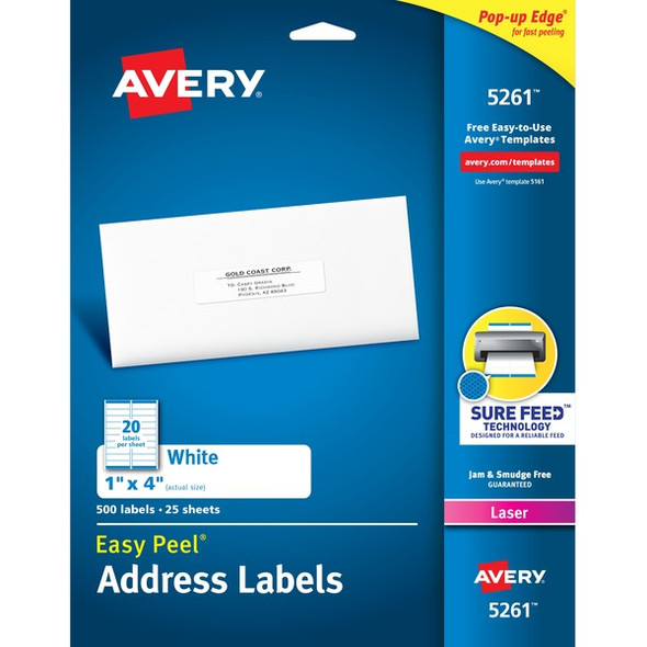 Avery&reg; Easy Peel Address Labels - 1" Width x 4" Length - Permanent Adhesive - Rectangle - Laser - White - Paper - 20 / Sheet - 25 Total Sheets - 500 Total Label(s) - 5