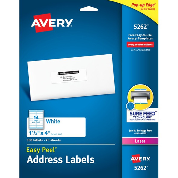 Avery&reg; Easy Peel Mailing Laser Labels - 1 21/64" Width x 4" Length - Permanent Adhesive - Rectangle - Laser - White - Paper - 14 / Sheet - 25 Total Sheets - 350 Total Label(s) - 5