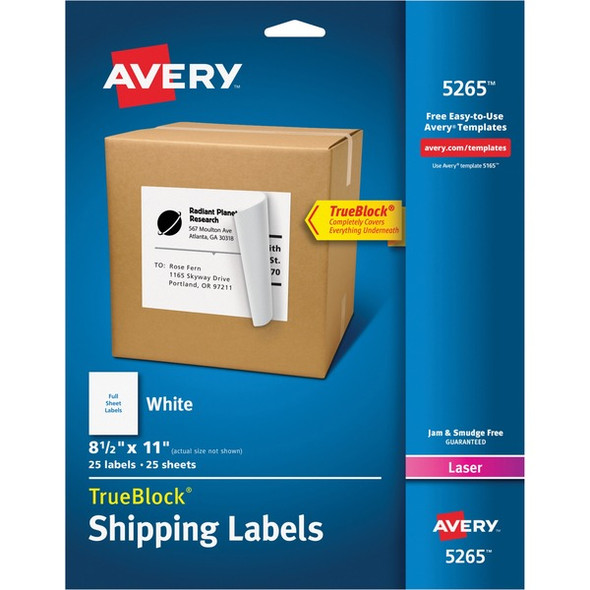 Avery&reg; Shipping Labels - TrueBlock - 8 1/2" Width x 11" Length - Permanent Adhesive - Rectangle - Laser, Inkjet - White - 1 / Sheet - 25 / Pack - Jam-free, Smudge-free