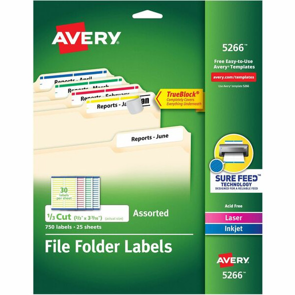 Avery&reg; TrueBlock File Folder Labels - Permanent Adhesive - Rectangle - Laser, Inkjet - Blue, Green, Red, White, Yellow - Paper - 30 / Sheet - 25 Total Sheets - 750 Total Label(s) - 750 / Pack