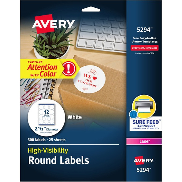 Avery&reg; Round High Visibility Labels - - Width2 1/2" Diameter - Permanent Adhesive - Round - Laser - White - Paper - 12 / Sheet - 25 Total Sheets - 300 Total Label(s) - 300 / Pack