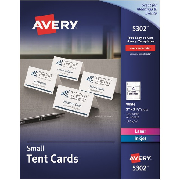 Avery&reg; Place Cards, Two-Sided Printing, 2" x 3-1/2" , 160 Cards (5302) - 97 Brightness - 2" x 3 1/2" - 160 / Box - Perforated, Heavyweight, Foldable, Rounded Corner, Jam-free, Smudge-free - White