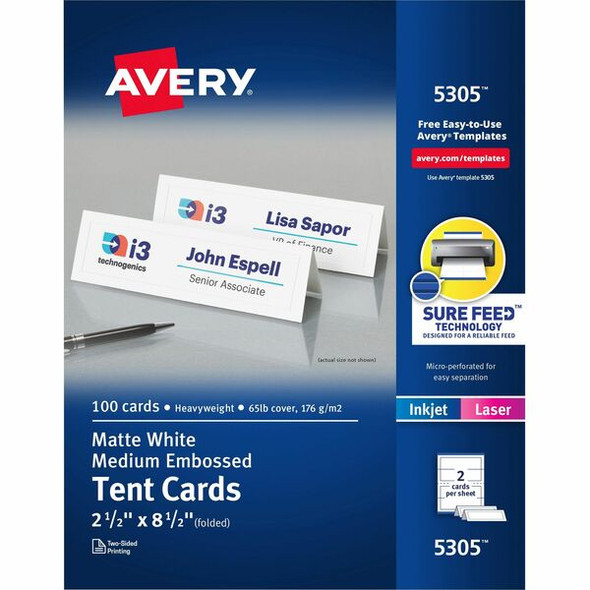 Avery&reg; Printable Embossed Tent Cards - Uncoated - 2-Sided Printing - 97 Brightness - 2 1/2" x 8 1/2" - 100 / Box - Perforated, Heat Resistant, Heavyweight, Rounded Corner, Smudge-free, Jam-free, Embossed - White
