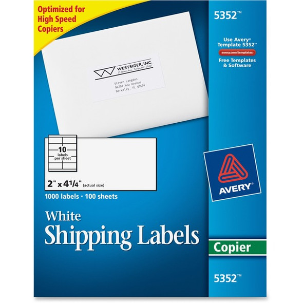 Avery&reg; Shipping Label - 2" Width x 4 1/4" Length - Permanent Adhesive - Rectangle - White - Paper - 10 / Sheet - 100 Total Sheets - 1000 Total Label(s) - 1000 / Box