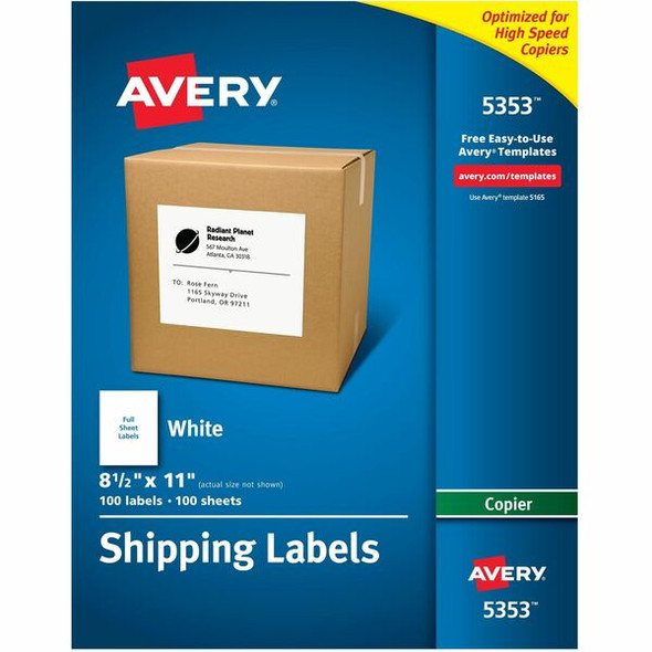 Avery&reg; Shipping Labels for Copiers, 8-1/2" x 11" , 100 White Labels (5353) - Avery Shipping Labels for Copiers, 8-1/2" x 11" , 100 Labels (5353)