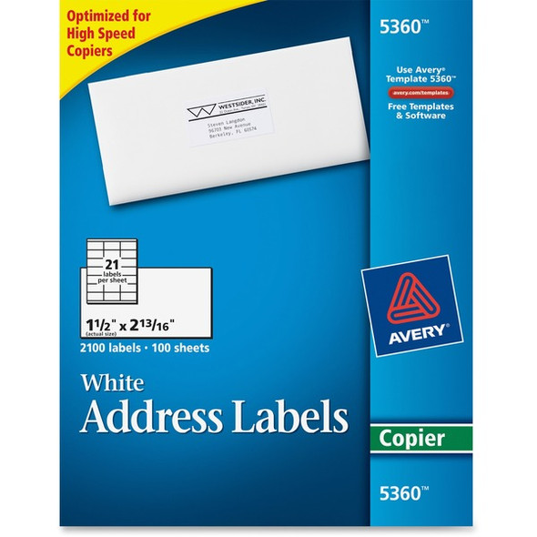 Avery&reg; Copier Address Labels - 1 1/2" Width x 2 13/16" Length - Permanent Adhesive - Rectangle - White - Paper - 21 / Sheet - 100 Total Sheets - 2100 Total Label(s) - 2100 / Box