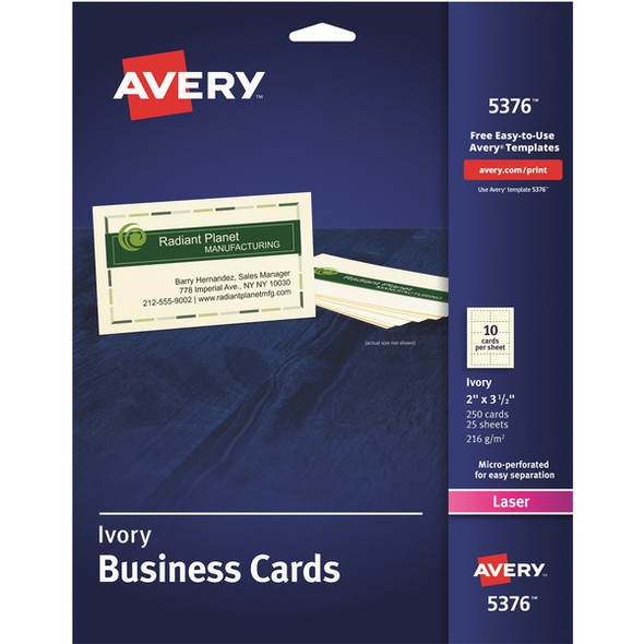Avery&reg; 2" x 3.5" Ivory Business Cards, Sure Feed? Technology, Laser, 250 Cards (5376) - 79 Brightness - A8 - 2" x 3 1/2" - 250 / Pack - Perforated, Heavyweight, Smooth Edge - Ivory