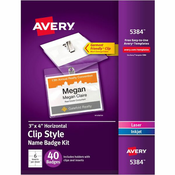 Avery&reg; Garment-Friendly Clip-Style Name Badges - 40 / Box - Printable, Durable, Clip - White, Clear