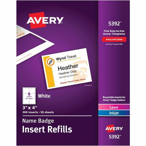 Avery&reg; Laser/Inkjet Badge Insert Refills - Laser, Inkjet - White - Card Stock - 6 / Sheet - 300 Total Label(s) - 300 / Box