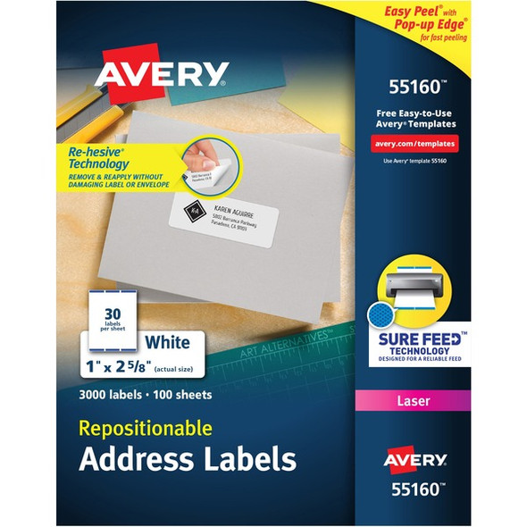 Avery&reg; Repositionable Address Labels - 1" Width x 2 5/8" Length - Rectangle - Laser, Inkjet - White - Paper - 30 / Sheet - 100 Total Sheets - 3000 Total Label(s) - 5