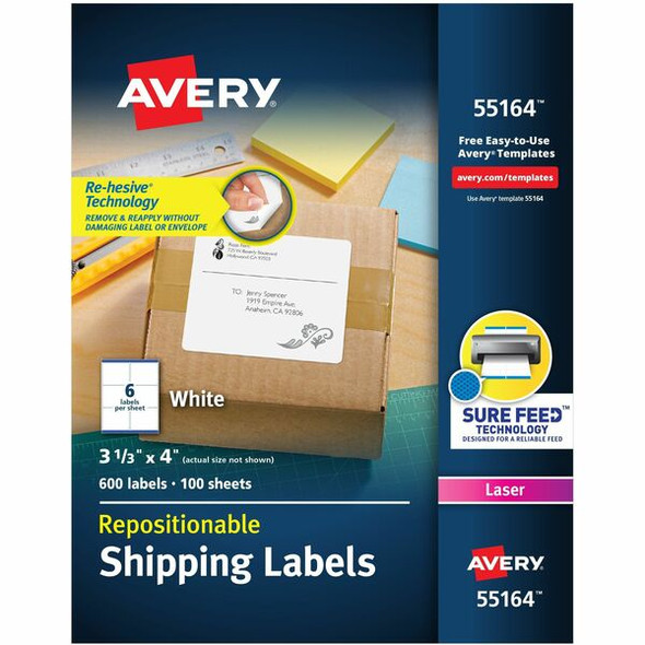 Avery&reg; Repositionable Shipping Labels, Sure Feed&reg; Technology, Repositionable Adhesive, 3-1/3" x 4" , 600 Labels (55164) - Avery&reg; Repositionable Labels, Sure Feed, 3-1/3"x4" , 600 Labels (55164)