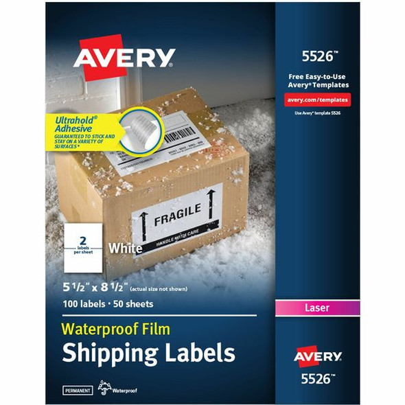 Avery&reg; Waterproof Shipping Labels with Ultrahold&reg; Permanent Adhesive, 5-1/2" x 8-1/2" , 100 Labels for Laser Printers (5526) - Avery&reg; 5-1/2" x 8-1/2" Labels, Ultrahold&reg;, 100 Labels (5526)