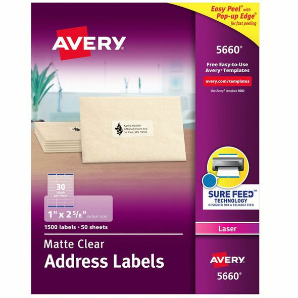 Avery&reg; Easy Peel Return Address Labels - 1" Width x 2 5/8" Length - Permanent Adhesive - Rectangle - Laser - Clear - Film - 30 / Sheet - 50 Total Sheets - 1500 Total Label(s) - 1500 / Box