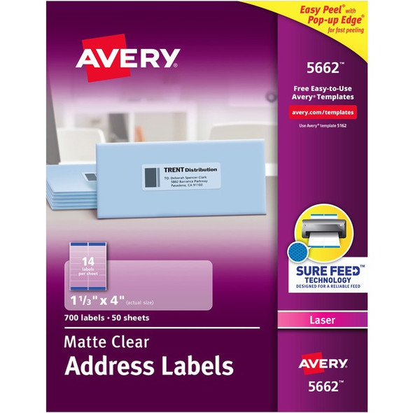 Avery&reg; Easy Peel Return Address Labels - 1 21/64" Width x 4" Length - Permanent Adhesive - Rectangle - Laser - Clear - Film - 14 / Sheet - 50 Total Sheets - 700 Total Label(s) - 700 / Box