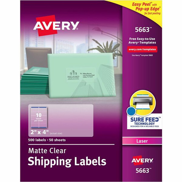 Avery&reg; Matte Clear Shipping Labels, Sure Feed&reg; Technology, Laser, 2" x 4" , 500 Labels (5663) - Avery&reg; Clear Shipping Labels, Sure Feed, 2" x 4" , 500 Labels (5663)
