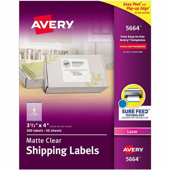 Avery&reg; Matte Clear Shipping Labels, Sure Feed&reg; Technology, Laser, 3-1/3" x 4" , 300 Labels (5664) - Avery&reg; Clear Shipping Labels, Sure Feed, 3-1/3" x 4" 300 Labels (15664)