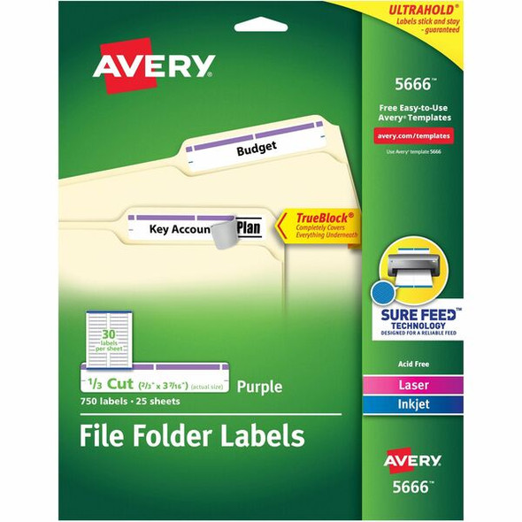 Avery&reg; TrueBlock File Folder Labels - Permanent Adhesive - Rectangle - Laser, Inkjet - Purple - Paper - 30 / Sheet - 25 Total Sheets - 750 Total Label(s) - 750 / Pack