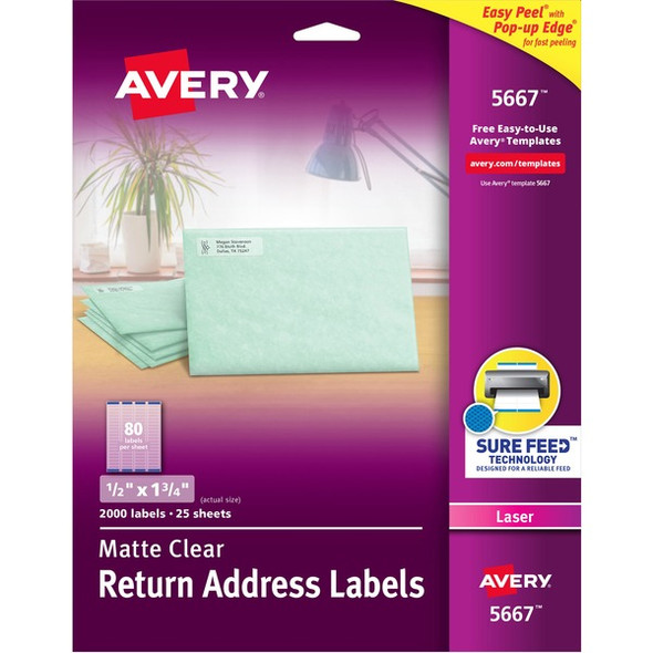 Avery&reg; Easy Peel Return Address Labels - 1/2" Width x 1 3/4" Length - Permanent Adhesive - Rectangle - Laser - Clear - Film - 80 / Sheet - 25 Total Sheets - 2000 Total Label(s) - 2000 / Box
