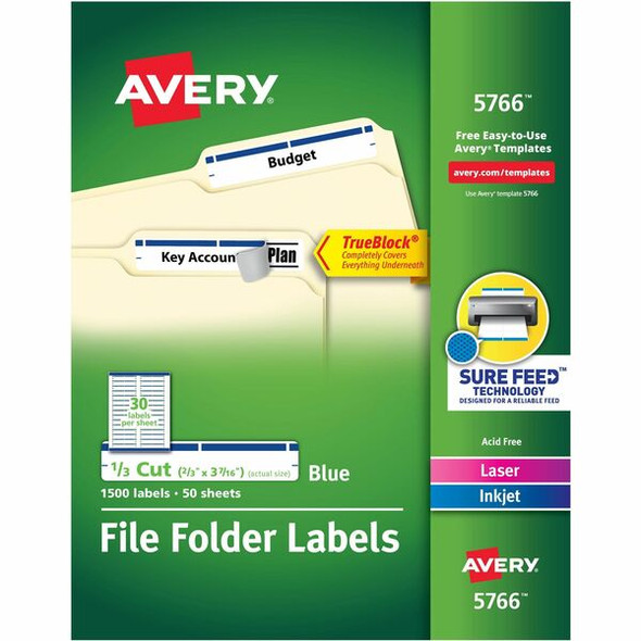 Avery&reg; TrueBlock File Folder Labels - Permanent Adhesive - Rectangle - Laser, Inkjet - Blue - Paper - 30 / Sheet - 50 Total Sheets - 1500 Total Label(s) - 1500 / Box