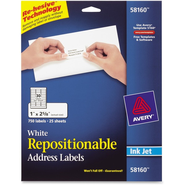 Avery&reg; Repositionable Address Labelss - Sure Feed Technology - 1" Width x 2 5/8" Length - Rectangle - Inkjet - White - Paper - 30 / Sheet - 25 Total Sheets - 750 Total Label(s) - 750 / Pack