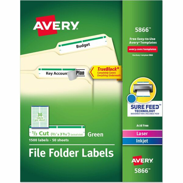 Avery&reg; TrueBlock File Folder Labels - Permanent Adhesive - Rectangle - Laser, Inkjet - Green - Paper - 30 / Sheet - 50 Total Sheets - 1500 Total Label(s) - 1500 / Box