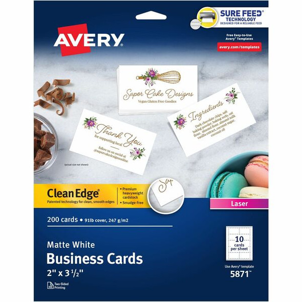 Avery&reg; Clean Edge Business Cards - 145 Brightness - 3 1/2" x 2" - 200 / Pack - Heavyweight, Rounded Corner, Uncoated, Smooth Edge, Smudge-free, Jam-free - White