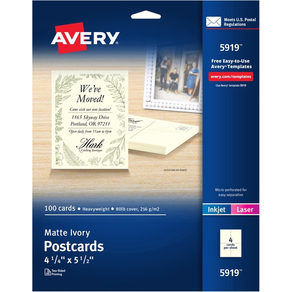 Avery&reg; Postcards, Ivory, Two-Sided, 4-1/4" x 5-1/2" , 100 Cards (5919) - 79 Brightness - 4 1/4" x 5 1/2" - Matte - 100 / Box - Rounded Corner, Sturdy, Double-sided, Printable, Uncoated, Perforated - Ivory