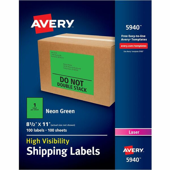 Avery&reg; Neon Shipping Labels for Laser Printers, 8-1/2" x 11" , 100 Neon Green Labels (5940) - Avery Neon Shipping Labels, 8-1/2" x 11" , 100 Labels (5940)