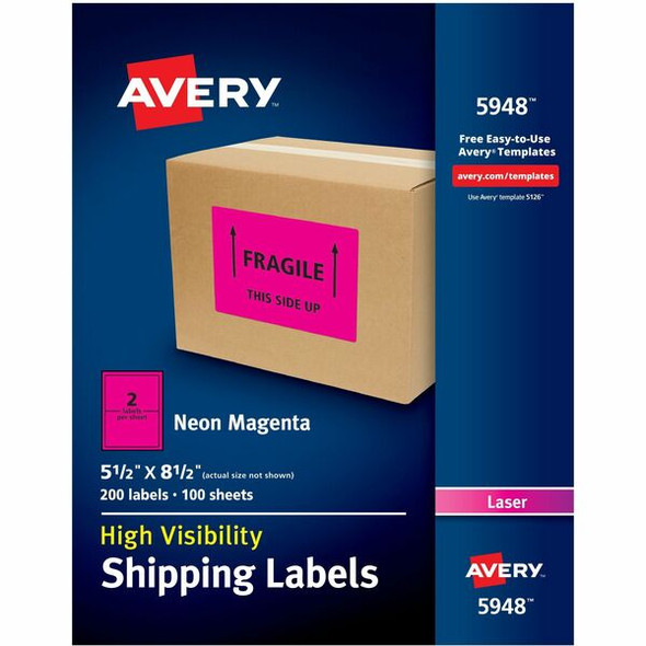 Avery&reg; Neon Shipping Labels for Laser Printers, 5-1/2" x 8-1/2" , 200 Pink Labels (5948) - Avery Neon Shipping Labels, 5-1/2" x 8-1/2" , 200 Labels (5948)