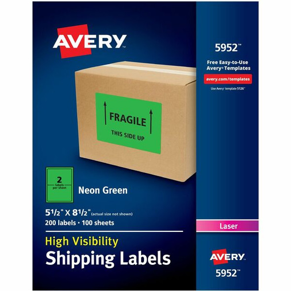 Avery&reg; Neon Shipping Labels for Laser Printers, 5-1/2" x 8-1/2" , 200 Neon Green Labels (5952) - Avery Neon Shipping Labels, 5-1/2" x 8-1/2" , 200 Labels (5952)
