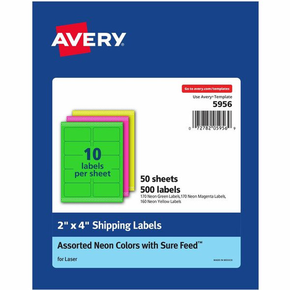 Avery&reg; 2"x 4" Neon Shipping Labels with Sure Feed&reg;for Laser Printers, Assorted: Green, Pink, Yellow Labels, 500 Neon Labels (5956) - Avery&reg; 2"x 4" Neon Shipping Labels with Sure Feed, 500 Labels (5956)