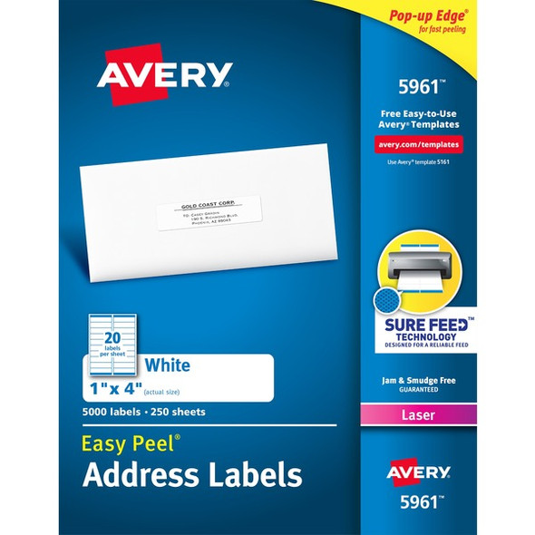 Avery&reg; Easy Peel Address Labels - 1" Width x 4" Length - Permanent Adhesive - Rectangle - Laser - White - Paper - 20 / Sheet - 250 Total Sheets - 5000 Total Label(s) - 5000 / Box