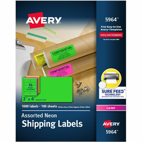 Avery&reg; 2"x 4" Neon Shipping Labels with Sure Feed&reg; for Laser Printers, Assorted: Green, Pink, Yellow Labels, 1,000 Neon Labels (5964) - Avery&reg; 2"x 4" Neon Shipping Labels with Sure Feed, 1,000 Labels (5964)