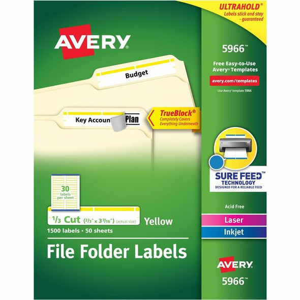 Avery&reg; TrueBlock File Folder Labels - Permanent Adhesive - Rectangle - Laser, Inkjet - Yellow - Paper - 30 / Sheet - 50 Total Sheets - 1500 Total Label(s) - 1500 / Box