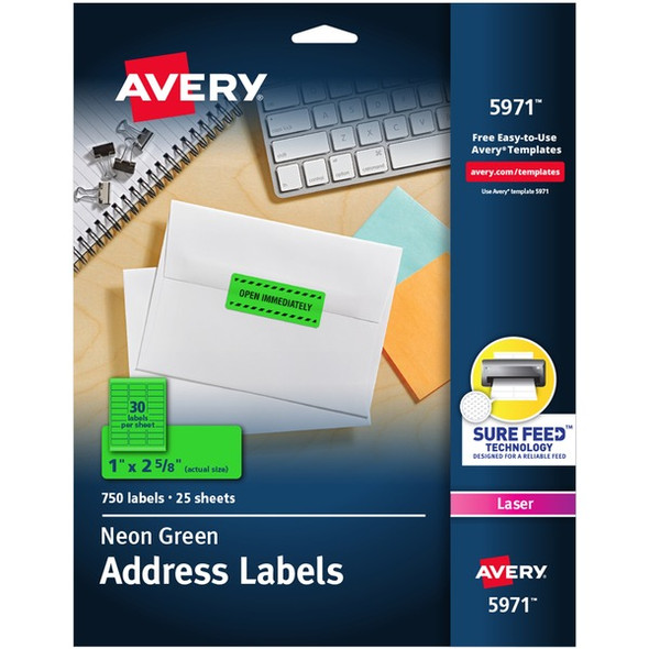 Avery&reg; Shipping Labels - 1" Width x 2 5/8" Length - Permanent Adhesive - Rectangle - Laser - Neon Green - Paper - 30 / Sheet - 25 Total Sheets - 750 Total Label(s) - 750 / Pack